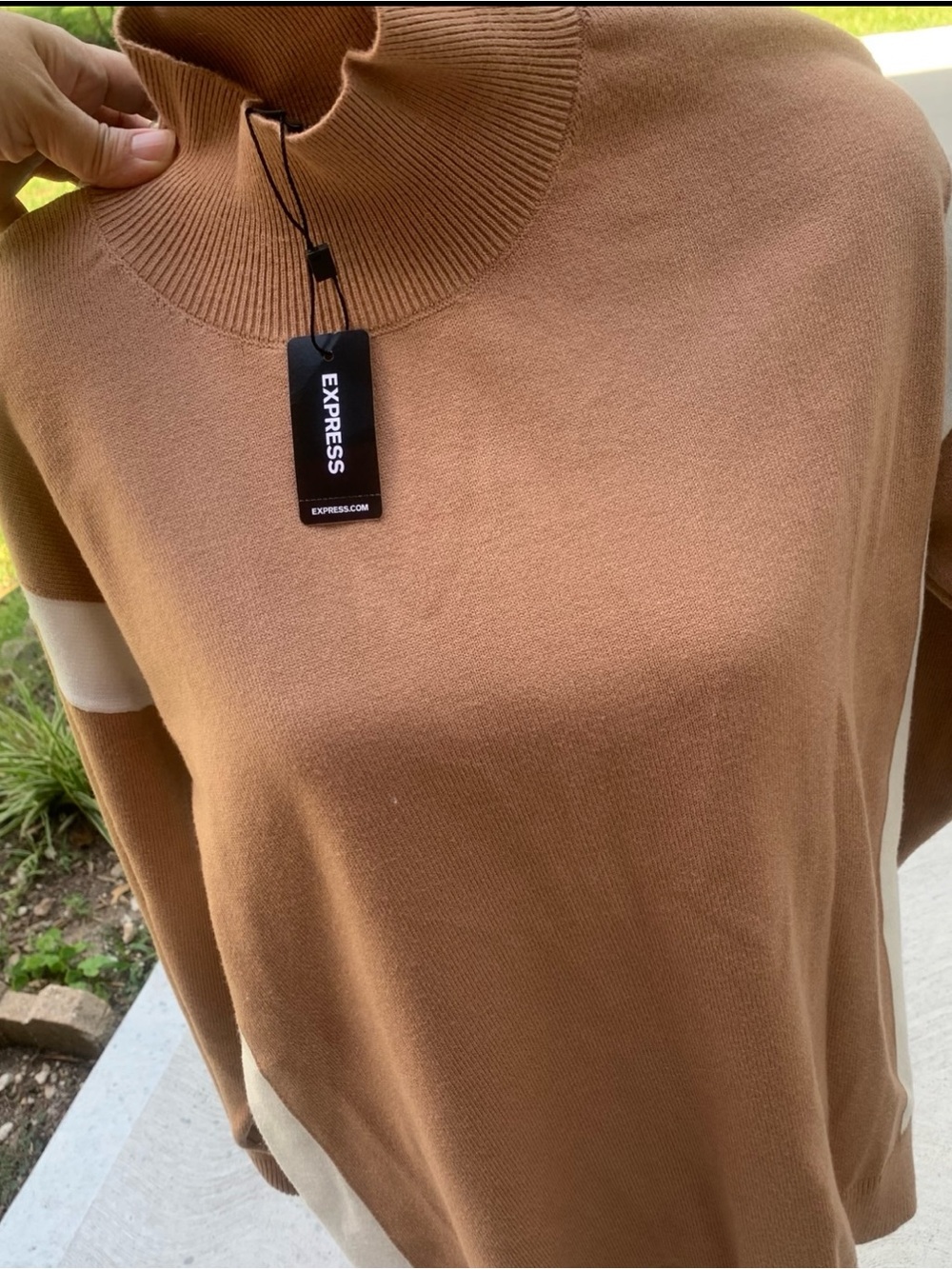 Express Camel/Tan Mock Neck Sweater with Cream Stripe